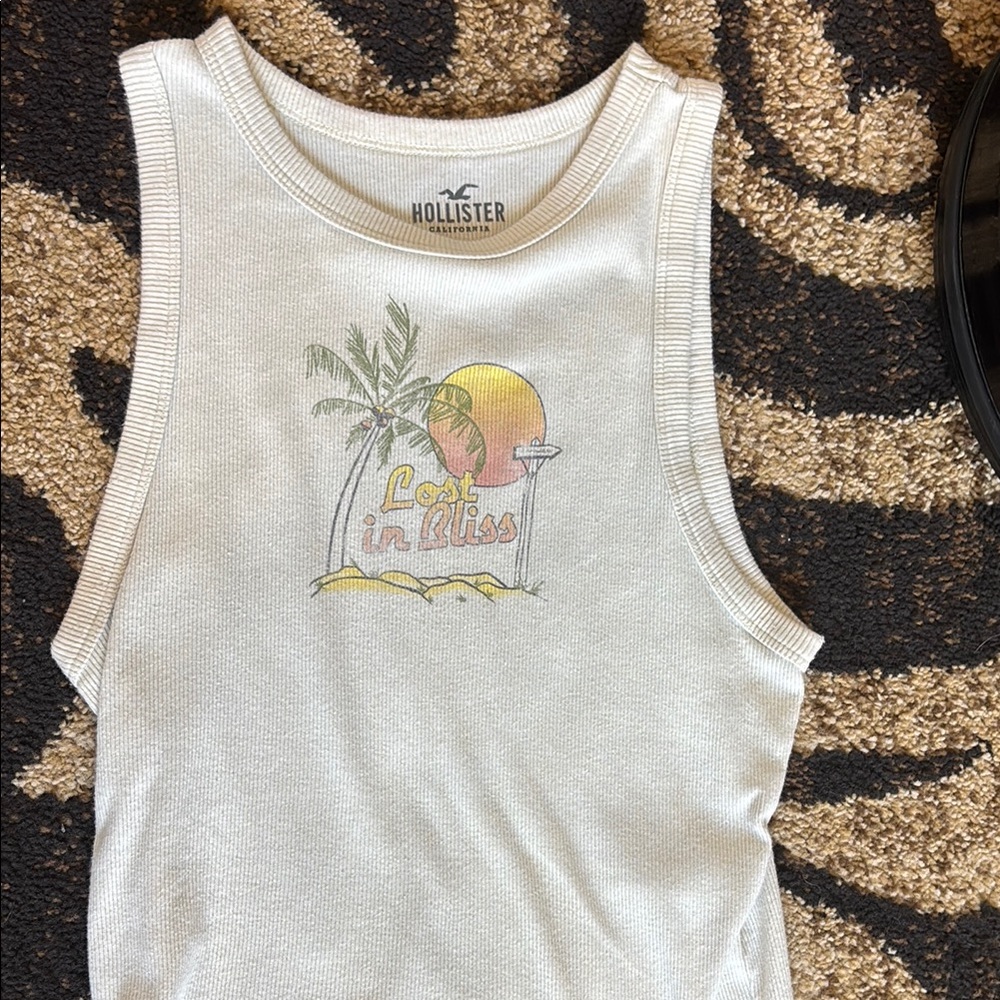 Hollister Cream Tank Top with Tropical Sunset Design